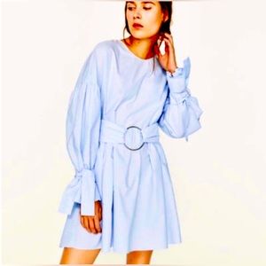 Zara Powder Blue, Poplin Dress, with Silver belt Buckle, Size S